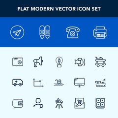 Naklejka premium Modern, simple vector icon set with mobile, sign, money, pool, medical, geometry, message, safe, room, summer, technology, cell, rescue, home, megaphone, food, web, telephone, loud, file, blank icons