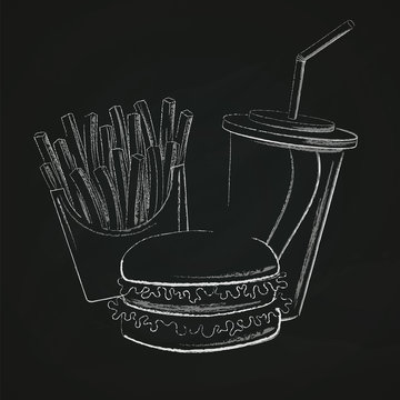 Fast food chalk silhouettes. Burger with salad, french fries and soft drink.