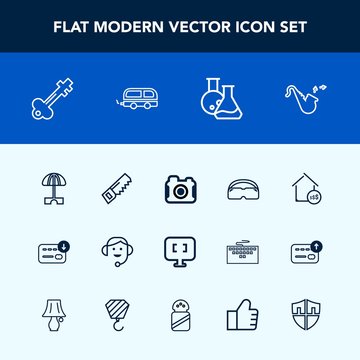 Modern, simple vector icon set with technology, bag, laptop, estate, computer, trumpet, parasol, pc, glasses, key, headset, sack, photo, call, old, real, house, door, sun, office, center, jazz icons