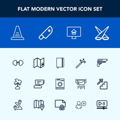 Modern, simple vector icon set with scene, view, map, workout, magician, record, camera, wand, sport, laundry, world, housework, spotlight, fitness, exercise, leaf, page, backdrop, pistol, tv icons