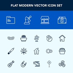 Modern, simple vector icon set with dish, home, hot, food, arrow, fahrenheit, carnival, thermometer, stationery, office, screen, pen, business, file, masquerade, party, space, currency, folder icons