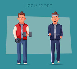 Sportsman pumping iron in gym and running. Strong character design. Cartoon vector illustration.