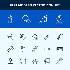 Modern, simple vector icon set with hammer, space, axe, telescope, music, famous, house, europe, home, landmark, tool, construction, astronomy, account, lamp, architecture, falling, flight, sea icons