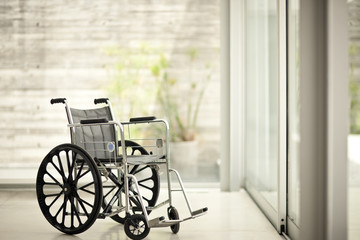 Empty wheelchair in a home interior.