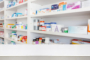 Pharmacy drugstore counter table with blur abstract backbround with medicine and healthcare product on shelves