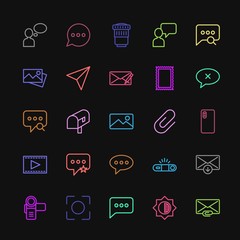 Modern Simple Colorful Set of chat and messenger, video, photos, email Vector outline Icons. Contains such Icons as  hand,  lens,  email and more on dark background. Fully Editable. Pixel Perfect