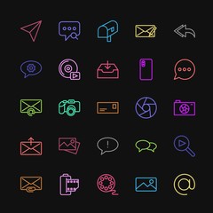 Modern Simple Colorful Set of chat and messenger, video, photos, email Vector outline Icons. Contains such Icons as  photo,  electronic, chat and more on dark background. Fully Editable. Pixel Perfect