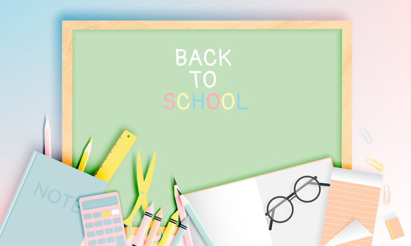Various stationery for back to school in paper art style with pastel color