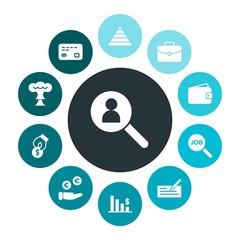 business, science, money Infographic Colorful fill Icons Set. Contains such Icons as  recruitment,  unemployment,  payment, business,  money,  employment,  bank and more. Fully Editable. Pixel Perfect