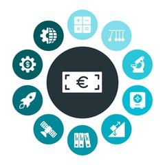 business, science, money Infographic Colorful fill Icons Set. Contains such Icons as  connection,  safe,  save,  financial, plane, satellite,  investment,  sky and more. Fully Editable. Pixel Perfect