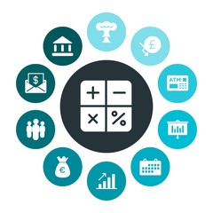 business, science, money Infographic Colorful fill Icons Set. Contains such Icons as financial, calculator,  growth,  finance,  education,  success,  explosion and more. Fully Editable. Pixel Perfect