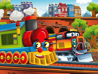 Naklejka premium Cartoon funny looking steam train on the train station near the city - illustration for children