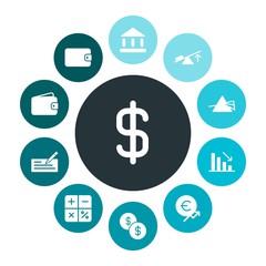 business, science, money Infographic Colorful fill Icons Set. Contains such Icons as  down, bank, currency,  wallet, prism,  dollar,  colorful,  building, chart and more. Fully Editable. Pixel Perfect