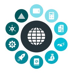 business, science, money Infographic Colorful fill Icons Set. Contains such Icons as  book,  force,  earth,  investment, physics, mail, chemistry,  bill, rocket and more. Fully Editable. Pixel Perfect