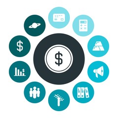 business, science, money Infographic Colorful fill Icons Set. Contains such Icons as  cent,  dollar,  sign,  loud,  universe, calculator,  loudspeaker,  paper and more. Fully Editable. Pixel Perfect