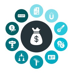 business, science, money Infographic Colorful fill Icons Set. Contains such Icons as  temperature,  science,  technology,  magnet,  organization, abstract, sack and more. Fully Editable. Pixel Perfect