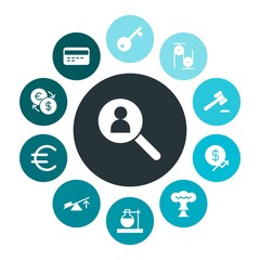 business, science, money Infographic Colorful fill Icons Set. Contains such Icons as door,  job,  key, plastic,  experiment,  research,  euro, laboratory,  sign and more. Fully Editable. Pixel Perfect