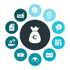 business, science, money Infographic Colorful fill Icons Set. Contains such Icons as  zoom, sale,  report,  euro, vision,  bit,  coin,  currency,  virtual, bag and more. Fully Editable. Pixel Perfect