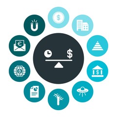 business, science, money Infographic Colorful fill Icons Set. Contains such Icons as  currency,  annual,  investment,  power,  dish,  money, satellite,  euro and more. Fully Editable. Pixel Perfect