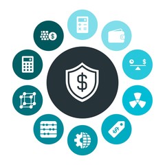 business, science, money Infographic Colorful fill Icons Set. Contains such Icons as  retail, cash,  accounting,  price,  security,  shopping,  nuclear,  cent and more. Fully Editable. Pixel Perfect