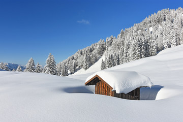 Deeply snow-covered landscape in the mountains with forests and a little hut at a beautiful winter day. Allgaeu Alps, Bavaria, Germany
