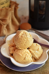 Coffee ice cream balls in a white bowl