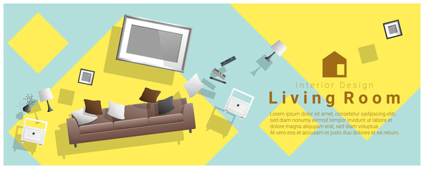 Horizontal interior banner sale with living room furniture hovering on colorful background , vector , illustration