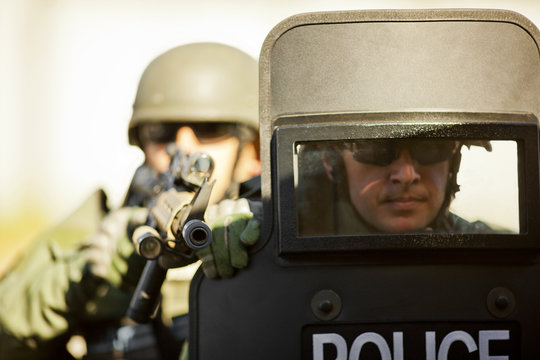Male police officer at a training facility.