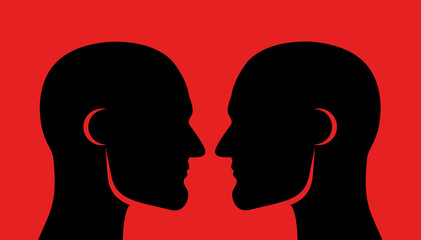 Face off (face-off), rivalry and competition between two men. Masculine males with muscular jawline and looking into faces - close physical contact, challenge to rival and competitor