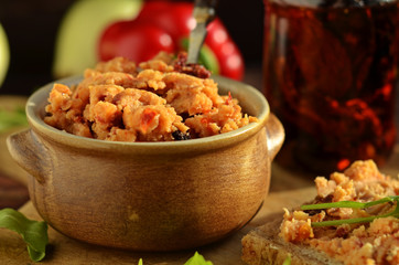 Lentil paste with tomato in a small bowl