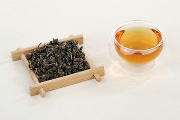 Chinese tea Dahongpao on a wooden stand