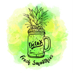 Glass with detox smoothie with a top of pineapple, healthy summer cocktails. Vector illustration, design element for congratulation cards, print, banners and others