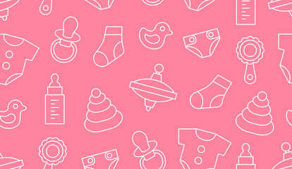 Seamless pattern with baby things. thin line. isolated on pink background