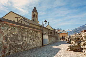 AOSTA, VALLE D'AOSTA, ITALY - The fortress walls and towers of Aosta (Cinta Muraria e Torri)
