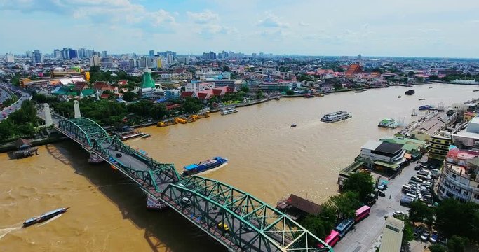 Phra Phuttha Yodfa Bridge, Memorial Bridge Bangkok Thailanl; Aerial view on the Chao Phraya River