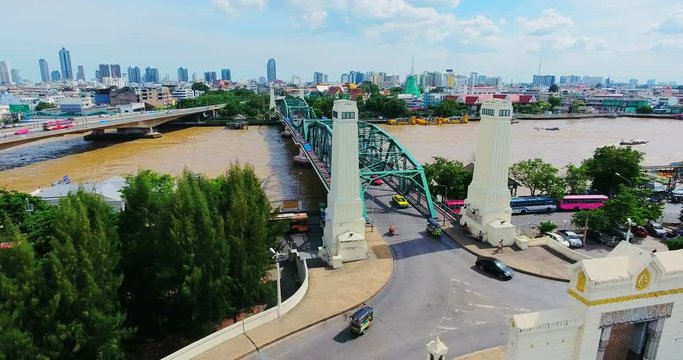 Phra Phuttha Yodfa Bridge, Memorial Bridge Bangkok Thailanl; Aerial view on the Chao Phraya River