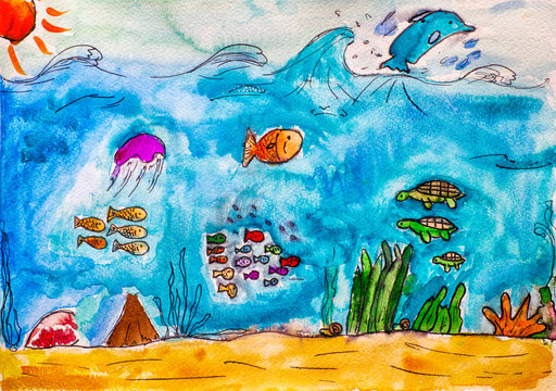 Sea life. Child watercolour hand drawing.