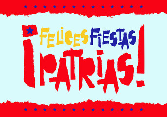 Flat fiestas patrias design card with text fiestas patrias in Colombia national state flag colors Vintage grunge torn paper style.