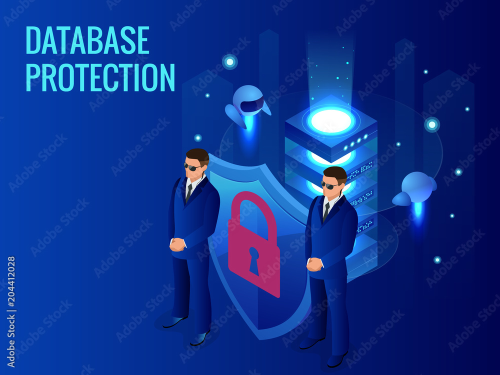 Poster isometric database protection concept. server room rack, database security, shield server unit, comp