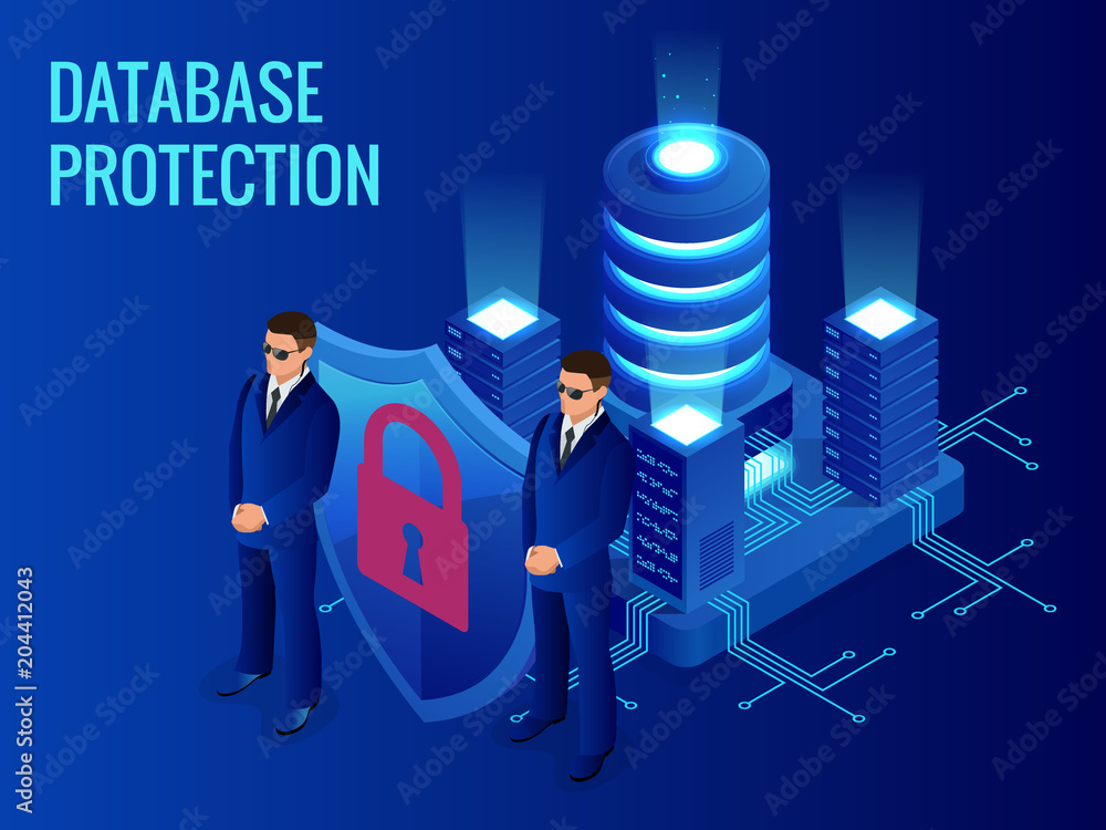 Poster isometric database protection concept. server room rack, database security, shield server unit, comp