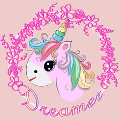 Unicorn vector illustration drawing with rainbow writing Dreamer. Unicorn's head cartoon, isolated on white background.