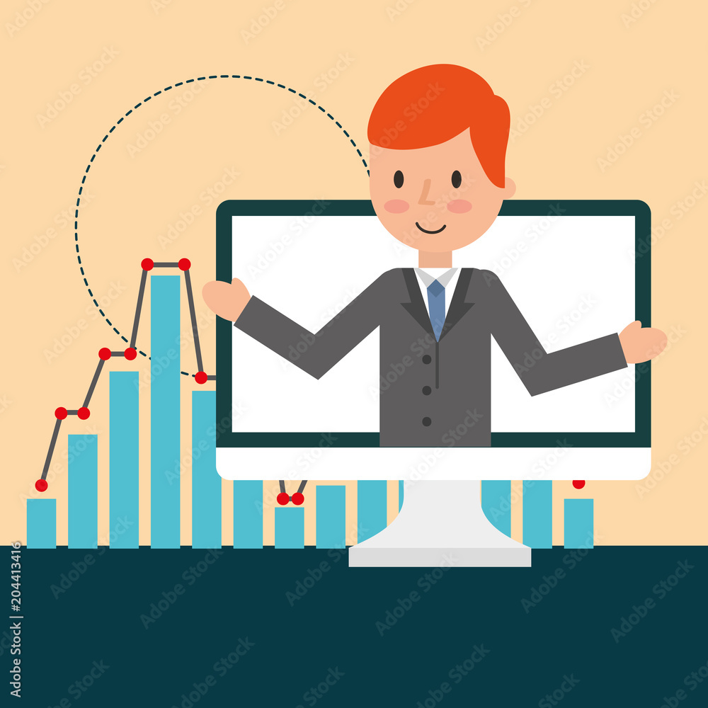 Poster businessman on screen computer statistic graph vector illustration