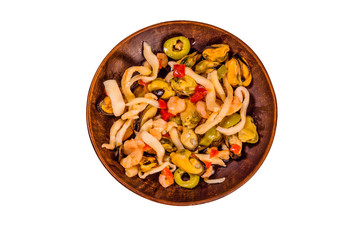 Ceramic plate with the different sea food and olives isolated on white background