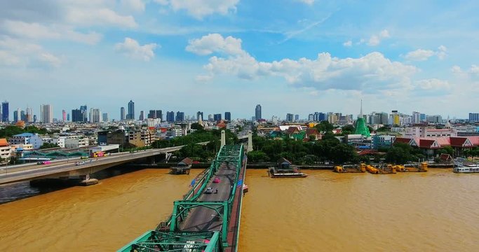 Phra Phuttha Yodfa Bridge, Memorial Bridge Bangkok Thailanl; Aerial view on the Chao Phraya River