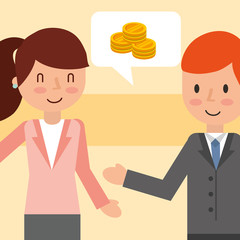 businessman and businesswoman talking money coins vector illustration