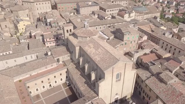 Aerial view of the municipality of Osimo, in the province of Ancona, in the Marche region, in Italy. The historic center with its walls, roofs, squares is a mountain tourist destination.