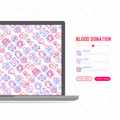 Blood donation, charity, mutual aid concept with thin line icons. Symbols of blood transfusion, medical help and volunteers. Modern vector illustration, poster, print media for World donor's day.