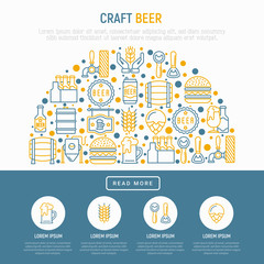 Craft beer concept in half circle with thin line icons related to Octoberfest: beer pack, hop, wheat, bottle opener, manufacturing, brewing, tulip glass. Modern vector illustration for print media.