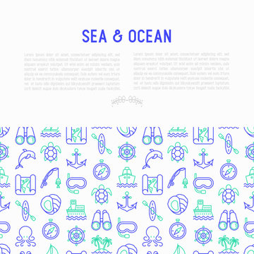 Sea and ocean journey concept with thin line icons: sailboat, fishing, ship, oysters, anchor, octopus, compass, snorkel, dolphin, sea turtle. Modern vector illustration, print media template.