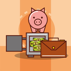 piggy bank on safe box and business briefcase vector illustration